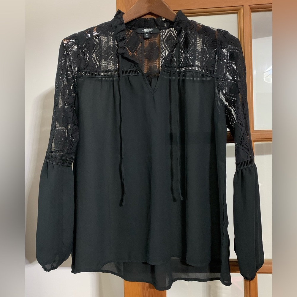 Black Lace Shoulder Blouse with neck tie